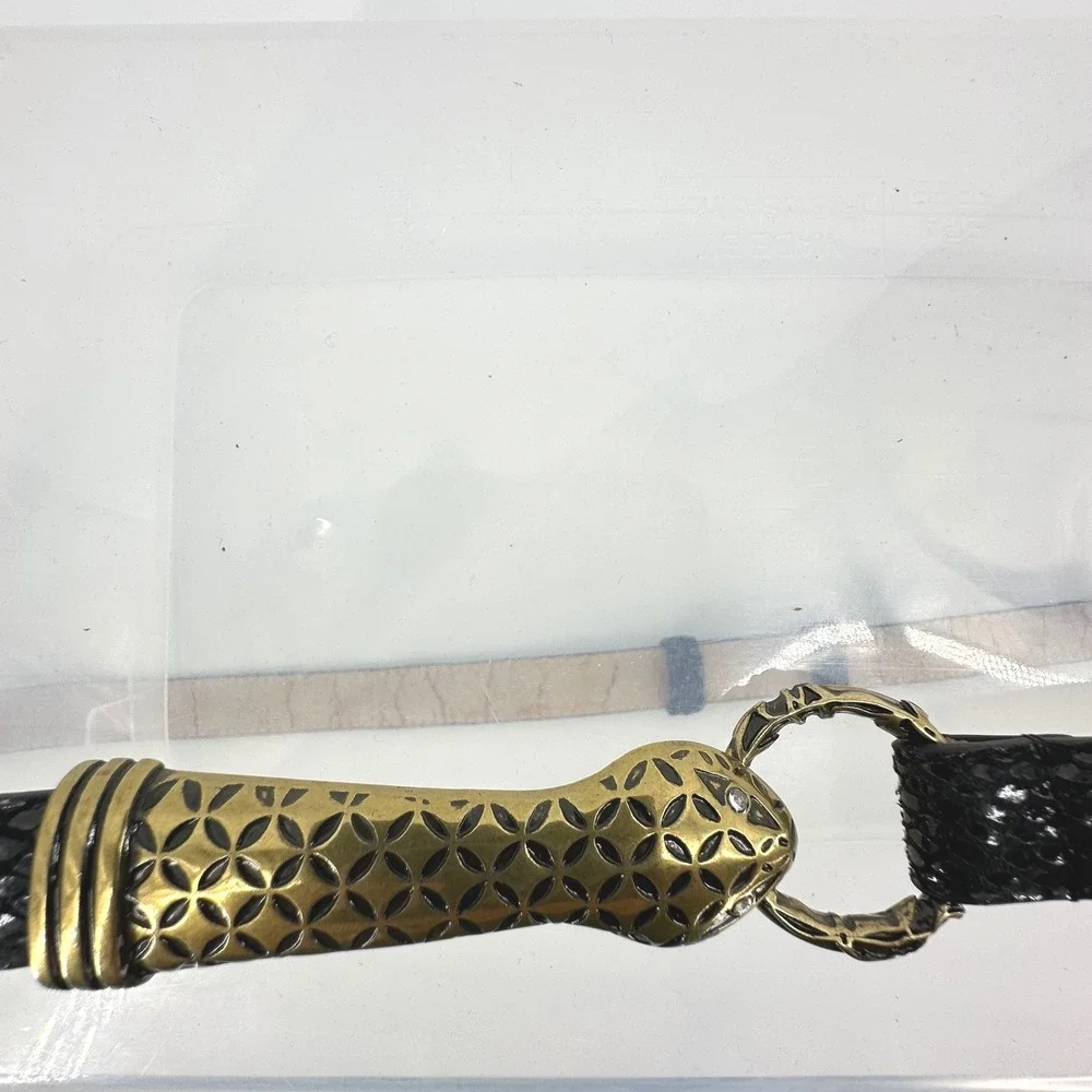 Kenneth Jay Lane Snake Hook Belt Womens M/L Black Gold Faux Snake Skin‎ Goth